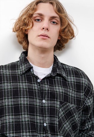 VINTAGE 90S GRUNGE BLACK GREEN CHECK BUTTON UP SHIRT MEN L