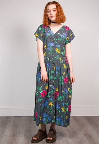 90'S VINTAGE BRIGHT FLORAL PATTERN SUMMER DRESS