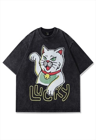 Cat print t-shirt Maneki Neko tee retro Japanese top in grey