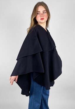 Vintage Ladies 80's Black Wool Cape Coat 