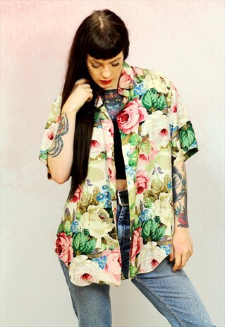 1980S VINTAGE ROSE FLORAL PURE SILK SHIRT