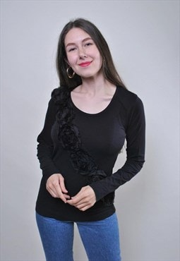 Vintage 90s black blouse, flower pullover blouse stretch 