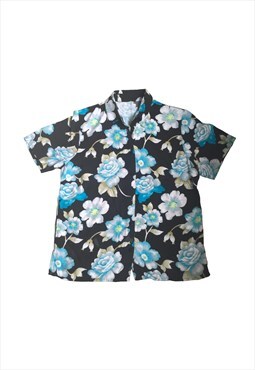 Womens Vintage blouse 80s 90s blue floral shirt top