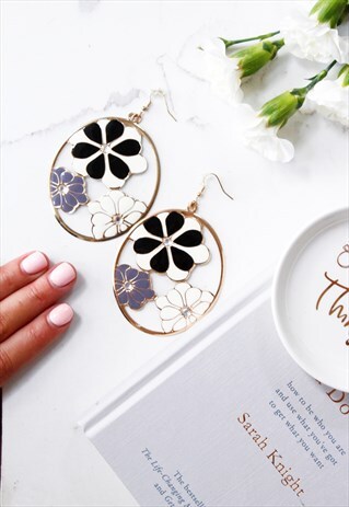 GOLD BLACK & GREY FLORAL PRINT DISC STATEMENT EARRINGS