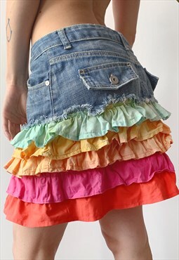 Vintage y2k 00's Blue Denim Patchwork Boho Ruffle Mini Skirt
