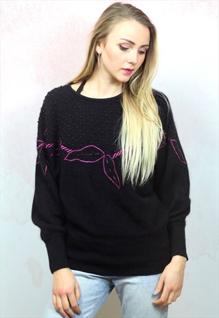 1980S VINTAGE BLACK BEAD AND PINK APPLIQUE KNIT JUMPER