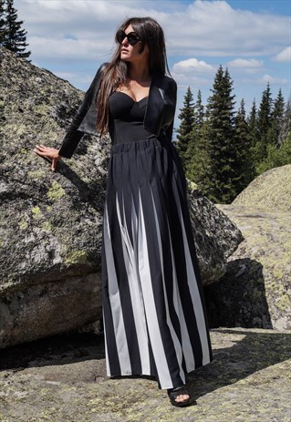 BLACK WHITE LONG MAXI SKIRT FLAT FLOOR LENGTH ELASTIC F1701