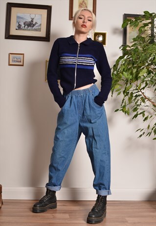 VINTAGE 90S ELASTICATED TROUSERS IN BLUE DENIM