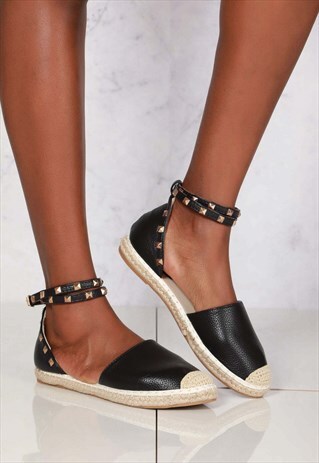 FLAT ANKLESTRAP ESPADRILL SHOE IN BLACK PU