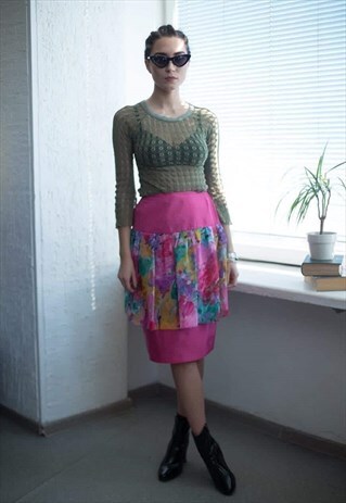 VINTAGE 80'S HOT PINK PATTERNED MIDI SKIRT