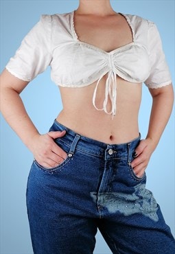 Vintage 80's 90's White Cottage Core Dirndl Blouse Crop Top