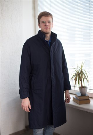 VINTAGE 80'S BELTED HIGH COLLAR NAVY COAT