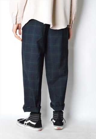 VINTAGE 90S UNISEX NAVY BLUE GREEN CHECK LIGHTWEIGHT PANTS