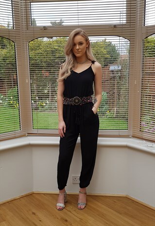 VINTAGE BLACK JUMPSUIT PLAYSUIT WITH SHOESTRING TIE STRAPS