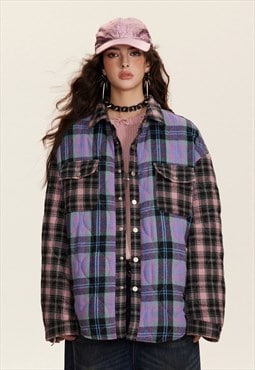 Quilted check bomber colour block jacket plaid winter shirt