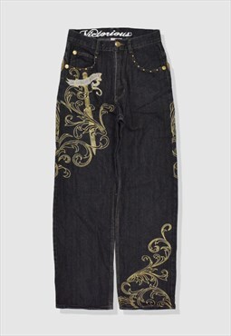 Vintage 90s Embroidered Denim Jeans in Black
