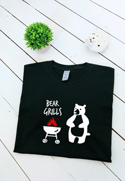 Bear Grills print Funny graphic black T-shirt