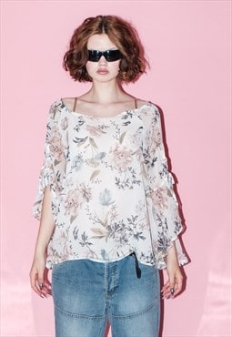 Vintage Y2K flowy romantic floral print blouse in white