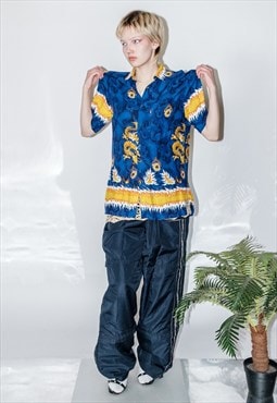 Y2K Vintage flaming dragon print shirt in blue & gold