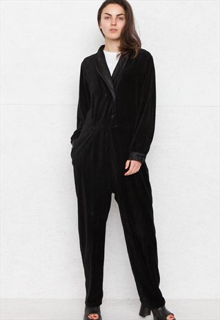 VINTAGE BLACK LIZSPORT LONG SLEEVE VELVET PLAYSUIT JUMPSUIT