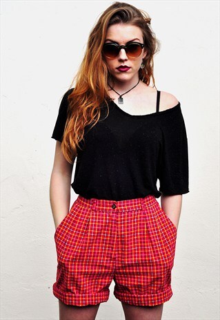 VINTAGE 90S RED CHECK PLAID HIGH WAISTED SHORTS