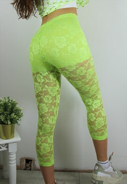Y2K Lace Patterned Leggings with Undershorts in Fluro Lime