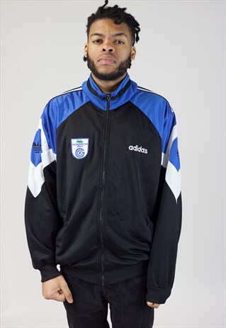 VINTAGE ADIDAS BLACK BLUE AND WHITE ZIP UP 90'S JACKET