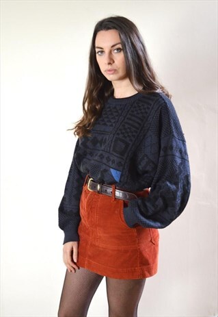 80S VINTAGE NAVY ABSTRACT PATTERN KNIT JUMPER