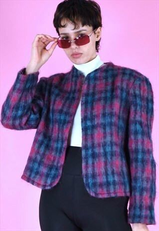 VINTAGE 90S BLAZER FUZZY CHECKED BLUE PURPLE