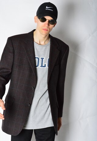 VINTAGE 80S BURGUNDY CHECK HUGO BOSS VIRGIN WOOL BLAZER