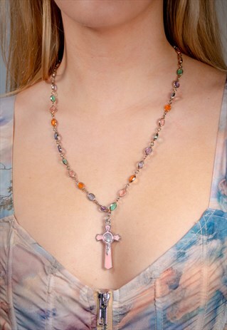 VINTAGE PASTEL PINK CROSS NECKLACE
