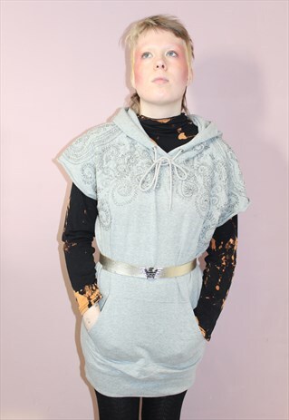 90S VINTAGE GREY EMBROIDERED BEADED LONG HOODY TOP DRESS
