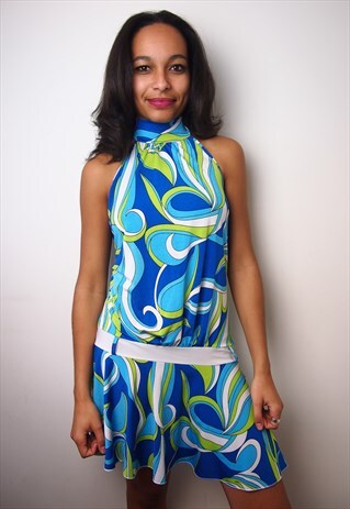 BLUE MULTI SWIRL HALTER DRESS