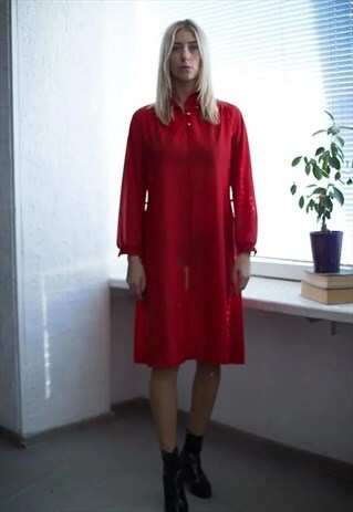 VINTAGE 80'S MIDI RED PATTERNED LONG SLEEVED DRESS