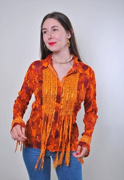 Vintage orange hippie lace blouse with flowers print 