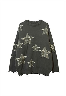 Grey Stars Distressed Oversized Knitted Jumper Y2k