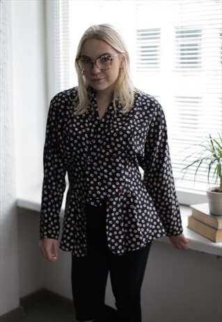 VINTAGE 70'S DARK BLUE FLOWER PRINT LONG SLEEVE BLOUSE