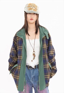 Reversible checked jacket plaid bomber two sided coat green