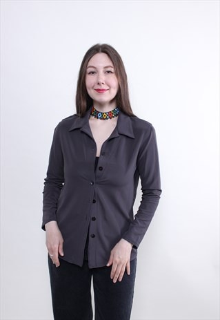 Vintage formal blouse, minimalist button down blouse, Size S