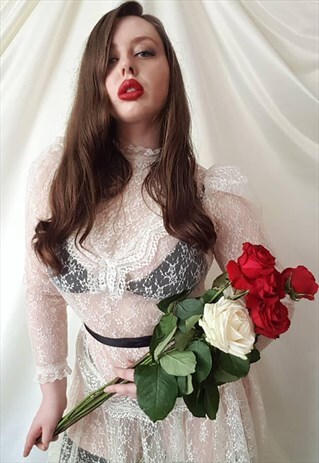 VINTAGE 80S SHEER LACE WHITE DRESS WITH PEARL FINISHINGS