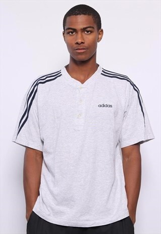 VINTAGE ADIDAS BUTTON UP CHEST LOGO 3 STRIPE T-SHIRT GREY