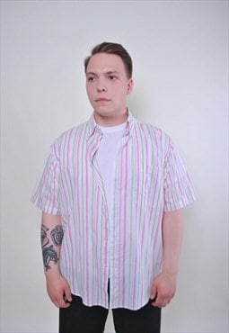 Men vintage short sleeve white striped shirt 