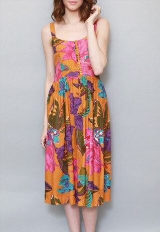 VINTAGE 1980'S VIBRANT FLORAL BUTTON FRONT MINI DRESS.