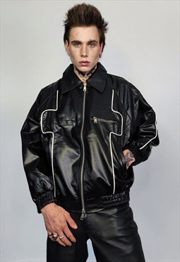 Faux leather motorcycle jacket contrast stitch biker jacket