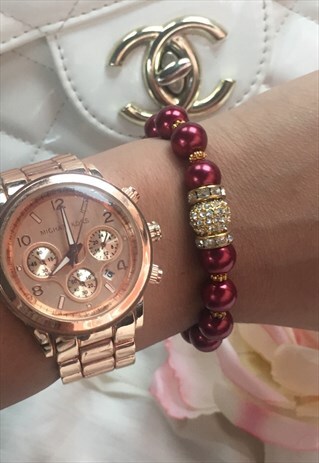 RED AND GOLD SWAROVSKI CRYSTAL AND PEARL BEAD BRACELET