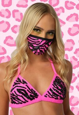 Neon pink sequin tiger Face Covering