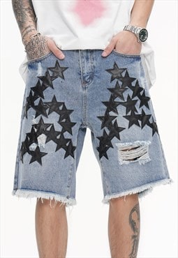 Star patch denim shorts premium jean skater pants in blue