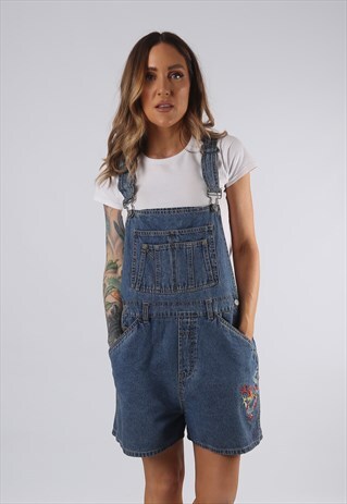 VINTAGE NO BOUNDARIES DENIM DUNGAREE SHORTS UK 14 (DDI)