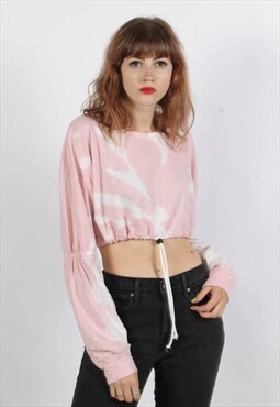 Vintage 90s Tie Dye Rework Toggle Crop Top Sweatshirt Pink