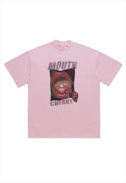 Lips print t-shirt grunge lipstick tee mouth top in pink